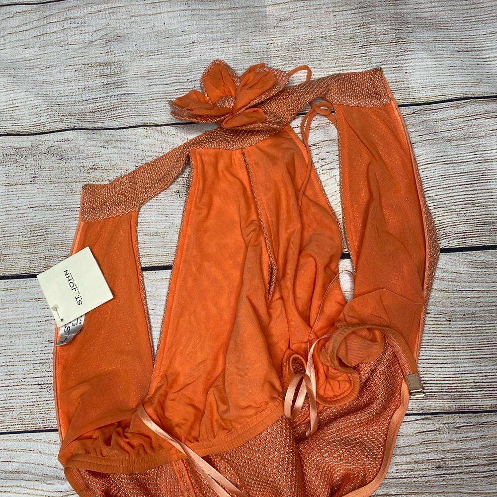 St. John Coral Orange Halter Maxi with Floral Neck Accent - Picture 6 of 13